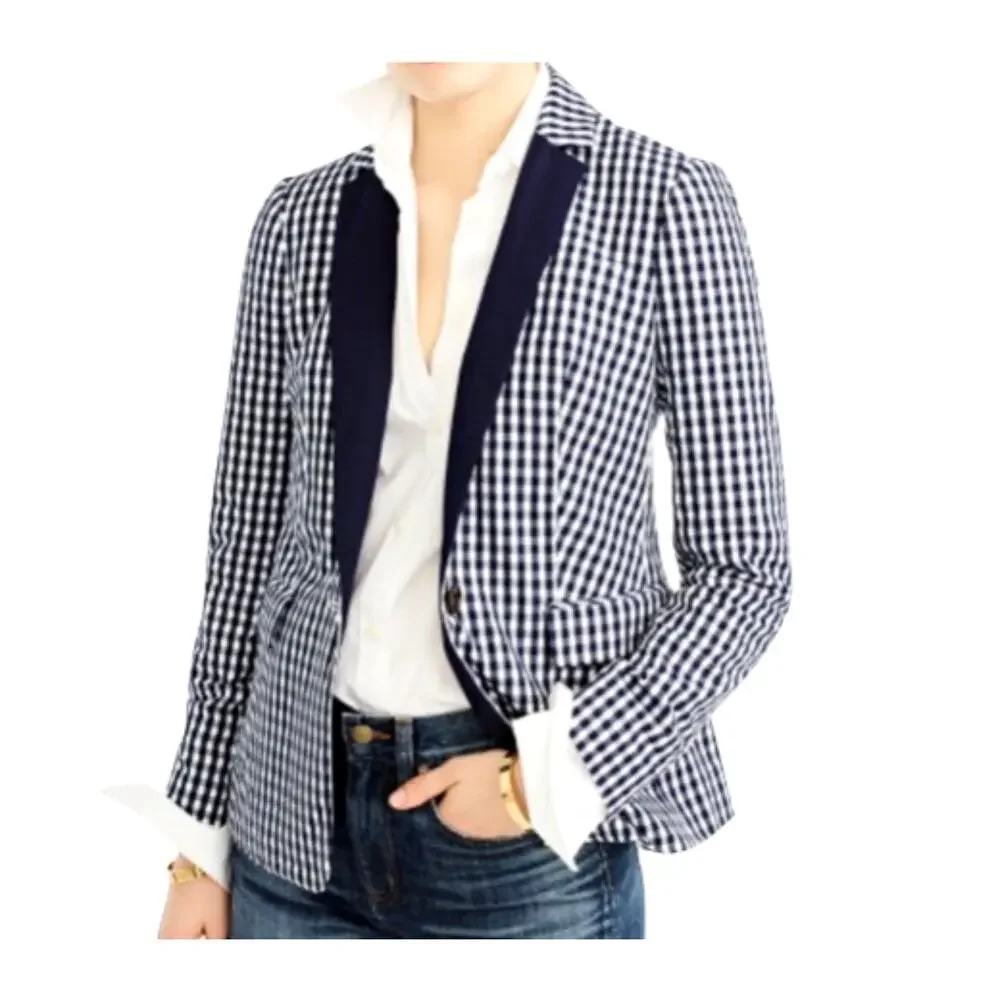 J.Crew Blazer Size 4 NWT Navy White Gingham Check Cotton Contrast Lapel Jacket